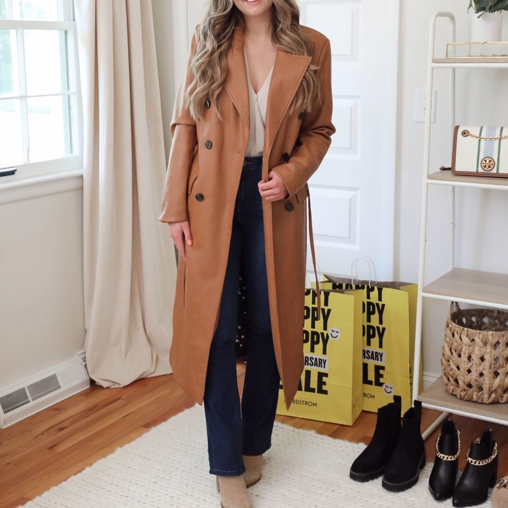 Avec Les Filles Double Breasted Faux Leather Brown Trench Coat